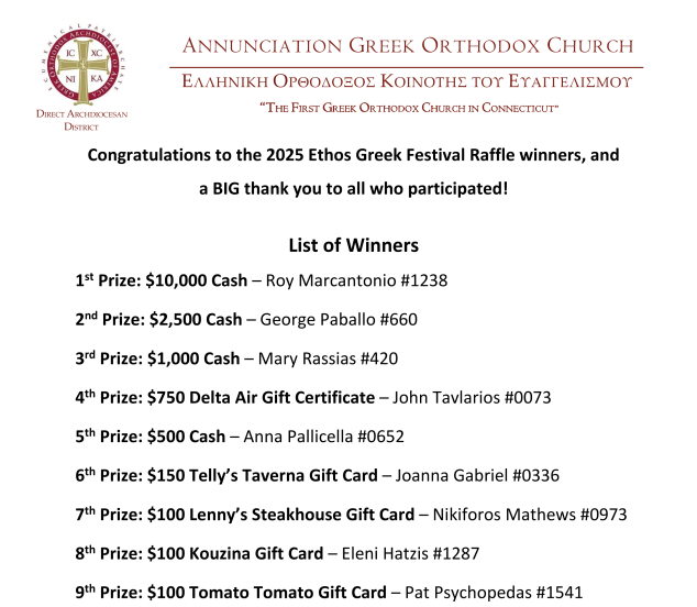 2025 Ethos Greek Festival Raffle Winners